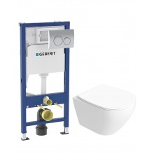 Комплект 2 в 1 Унитаз подвесной STWORKI Кронборг S28401WH безободковый, с микролифтом + Инсталляция с кнопкой Geberit Delta 20 458.118.21.2 цвет хром