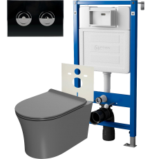 Комплект Унитаз подвесной Point Вега PN41711GM + Кнопка Венера PN44072BC черная, хром