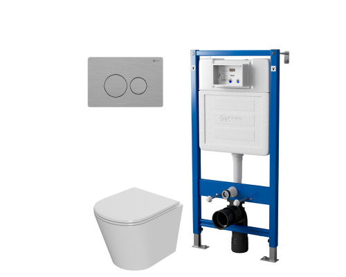 Комплект Унитаз подвесной Point Виктория PN41061 белый глянцевый, безободковый, с микролифтом + Система инсталляции для унитазов Point PN45122 с контейнером для гигиенических таблеток + Кнопка смыва Point Виктория PN44061SB нержавеющая сталь, сталь брашир