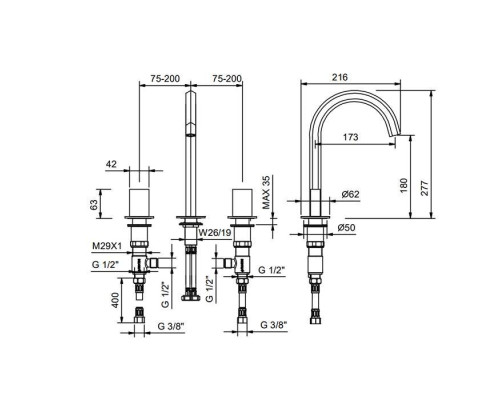 Fantini Venezia Смеситель для раковины, на 3 отв., излив: 17.5см., без ручек, цвет: Matt Gun Metal PVD. 29 P5 N404SW