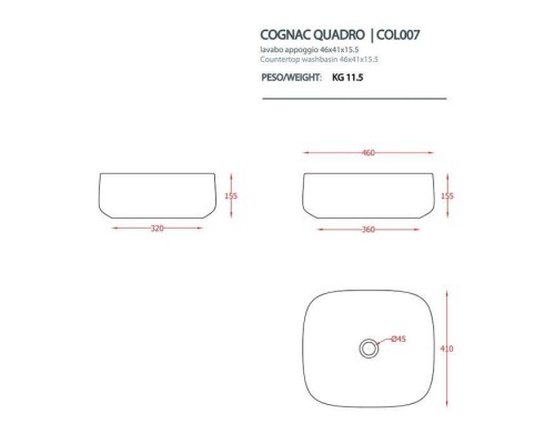 Artceram Cognac Раковина 46x41х15.5 см, без отв., накладная Quadro, без перелива, цвет: черный глянцевый. COL007 03 00 Artceram Cognac Раковина 46x41х15.5 см, без отв., накладная Quadro, без перелива, цвет: черный глянцевый. COL007 03 00