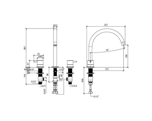 Almar Mixers Смеситель для раковины, 3 отв., без донного клапана, цвет: латунь брашированная PVD. E214004.HB