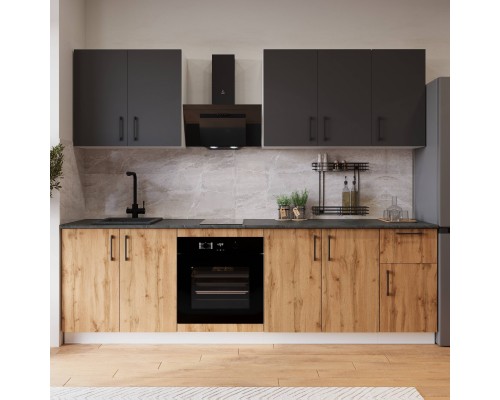 Кухонный гарнитур Domaci Болонья 260 см, фасад дуб вотан, графит, ручка черная, столешница луна KUH-1008789