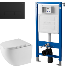 Комплект Унитаз подвесной Point Сатурн PN41901 белый глянцевый, безободковый, с микролифтом + Инсталляция PN45122 с контейнером для гигиенических таблеток + Кнопка Меркурий PN44831BM черная матовая