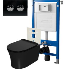 Комплект Унитаз подвесной Point Вега PN41711BM + Инсталляция PN45121 пневматическая + Кнопка Венера PN44072BC черная, хром