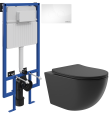 Комплект Унитаз подвесной Aqueduto Ovo OVO0140 безободковый, с микролифтом, черный матовый + Инсталляция STWORKI 510162 + Кнопка Хельсинки 500470 белая