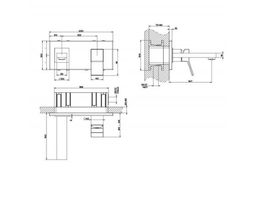 Gessi Rettangolo K Смеситель для раковины, встраиваемый, однорычажный, излив 147мм, внешние части, цвет: Black XL. 53089#299