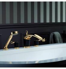 THG BAGATELLE PIERRE NOIRE MANETTES Смеситель для для установки на борт ванны на 4 отверстия, с ручным душем, ручки черные, цвет: полированное золото. U3F-F01-112BSG