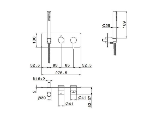 Newform X-STEEL 316 Смеситель для душа, встраиваемый, на 2 выхода, ручной душ, кронштейн, на декоративной платине (для 31030), цвет: INOX. 69679EX.50.050