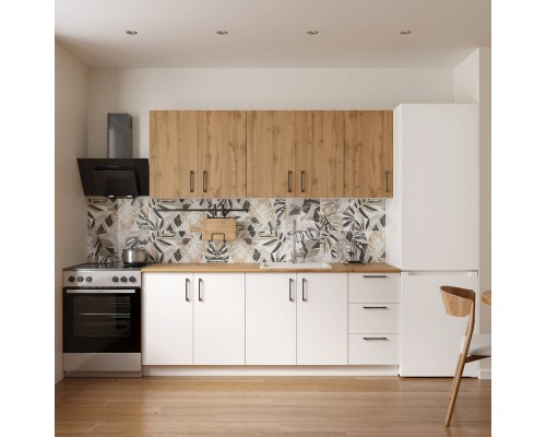 Кухонный гарнитур Domaci Болонья 260 см, фасад белый, дуб вотан, ручка черная, столешница дуб вотан KUH-1008395