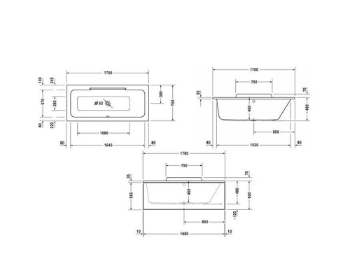 Duravit Ванна акриловая DuraStyle 170х75x48см, прямоугольная .встраиваемая или версия с панелями, , наклон спины справа. цвет: белый. 790100000000000,  700297000000000