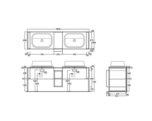 SIMAS Frame Комплект мебели с 2 ящиками и открытым элементом, 181x57xh72см, напольный, Цвет: серый ясень/белый. SH05bi*1,  FM2 серый ясень,  FS2