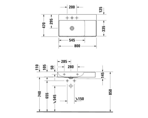 Duravit DuraSquare Раковина подвесная 80х47см, Sx, с отметками на 2 отв., без перелива, с крепежом, цвет: белый. 2348800014