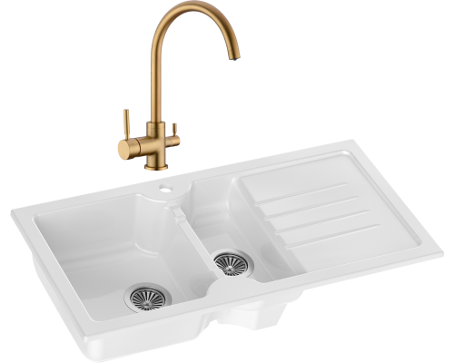 Комплект Мойка кухонная Domaci Сиена 54100-101 белый глянец + Смеситель Равенна DCB 3007 золото