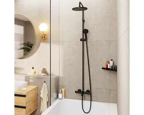 Hansgrohe Vernis Душевая система, настенная, с термостатическми смесителем, верхний душ 24см., и ручным душем, цвет: матовый черный. 26899670 Hansgrohe Vernis Душевая система, настенная, с термостатическми смесителем, верхний душ 24см., и ручным душем, цвет: матовый черный. 26899670