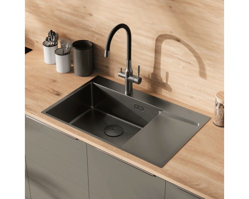 Кухонная мойка Lemark KEZADRA 780L прямоугольная с крылом из нержавеющей стали (чаша СЛЕВА) цвет: Графит