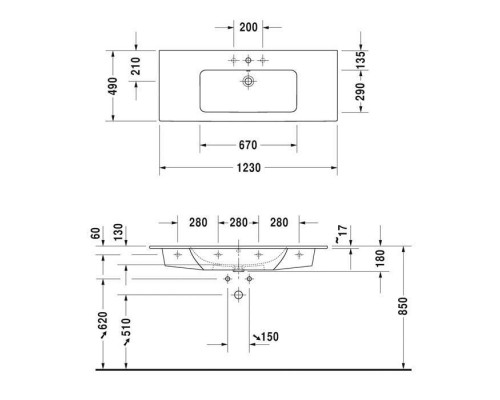 Duravit ME by Starck Раковина 123х49 см, 1 отв., цвет: белый. 2336120000
