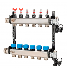 Коллектор HENCO из нержавеющей стали, расходомер, воздухоотводчик, дренаж и клапан, 1” - 4 x 3/4” UFH-0605MDSS04