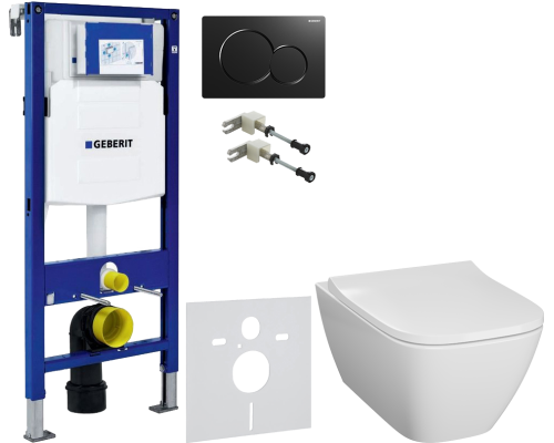 Комплект Унитаз подвесной Geberit Smyle Square 500.683.01.1 с крышкой-сиденьем с микролифтом + Крепления Duofix 111.815.00.1 к стене + Шумоизоляция 156.050.00.1 + Инсталляция UP 320 111.300.00.5 + Кнопка Sigma 01 115.770.DW.5 черная