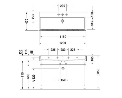Duravit Vero Air Раковина 120х47см., подвесная, c 2 отв., с переливом, шлифованная, цвет: белый. 2350120024