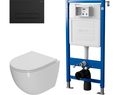 Комплект Унитаз подвесной Point Афина PN41041 белый глянцевый, безободковый, с микролифтом + Кнопка Меркурий PN44831BM черная матовая