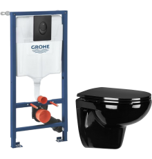 Комплект Унитаз подвесной Wanfald Lauta 47374100005 черный + Инсталляция Grohe Rapid SL 1000044 3 в 1 с панелью смыва