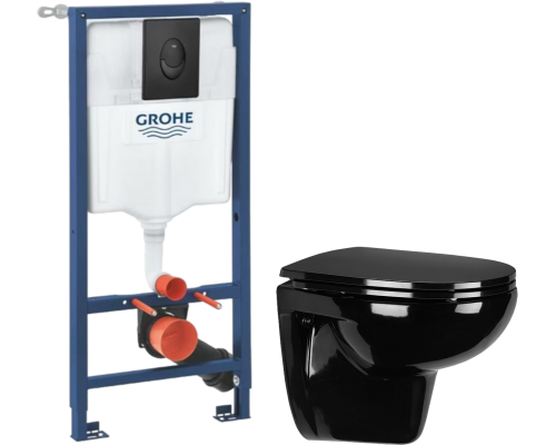 Комплект Унитаз подвесной Wanfald Lauta 47374100005 черный + Инсталляция Grohe Rapid SL 1000044 3 в 1 с панелью смыва