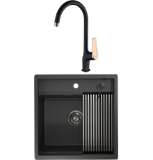Комплект Мойка кухонная Granula Kitchen Space 5051, черный матовый + Смеситель Lemark Bronx LM3705BLR черный/золото