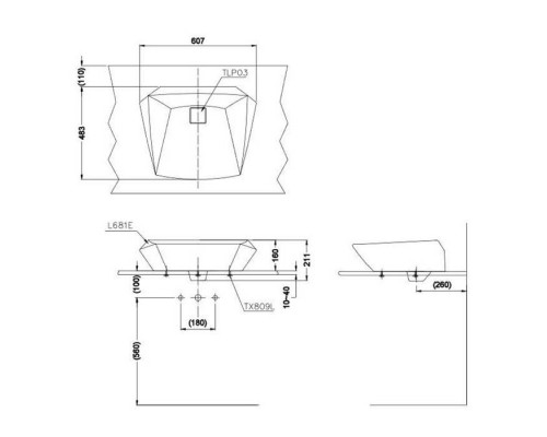 TOTO Jewelhex Раковина 60.7х48.3 см, без отв., цвет: белый. LW681B#W,  DH446VE
