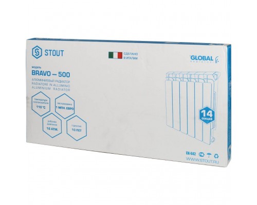 Радиатор алюминиевый STOUT Bravo 500 14 секций боковое подключение RAL9010 SRA-0110-050014 (SRA-0110-050014)