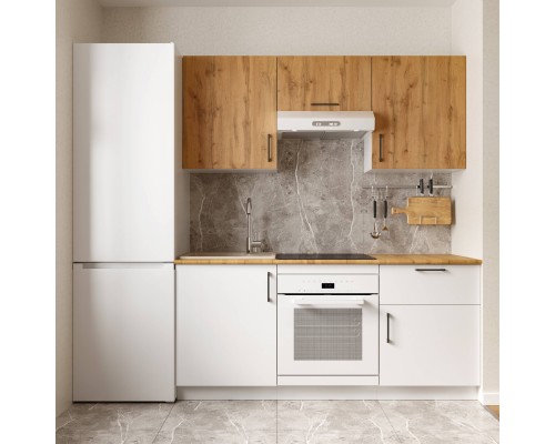 Кухонный гарнитур Domaci Болонья 180 см, фасад белый, дуб вотан, ручка черная, столешница дуб вотан KUH-767422