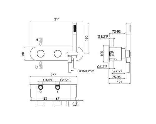 Carimali Встраиваемая часть прогрессивного смесителя с держателем для душа на 3 выхода, цвет: хром. W21939CR