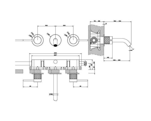 Gessi 316 Встраиваемый смеситель для раковины с изливом 146-128мм, внешняя часть, цвет: brushed black metal pvd. 54192#707