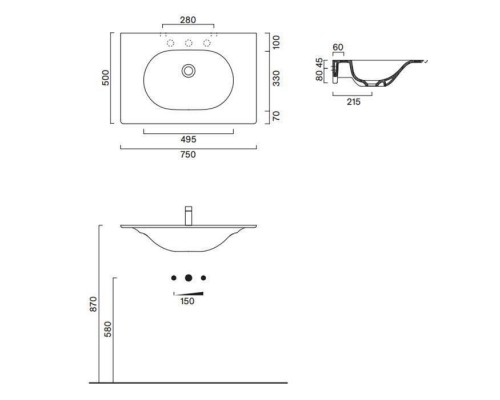 Catalano Sfera 75 Столешница с интегрированной раковиной, цвет: белый глянцевый. 0520760001