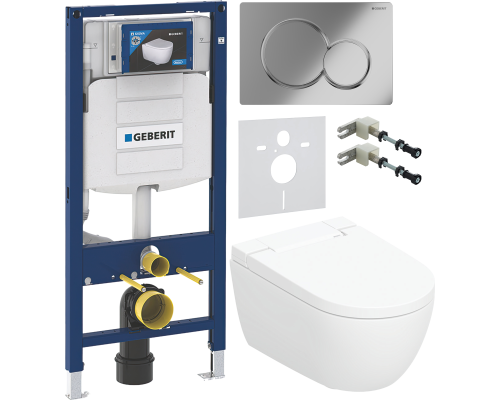 Комплект Умный подвесной Geberit AquaClean Alba безободковый, с биде + Инсталляция Duofix UP 320 111.300.00.5 + Кнопка Sigma 01 115.770.21.5 хром + Звукоизоляция 156.050.00.1 + Крепления 111.815.00.1 к стене
