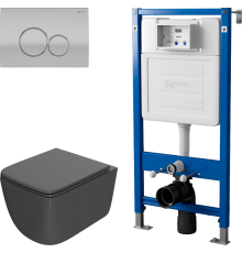Комплект Унитаз подвесной Point Меркурий PN41831GM серый матовый, безободковый, с микролифтом + Инсталляция PN45122 с контейнером для гигиенических таблеток + Кнопка Виктория PN44061SC сатин, хром
