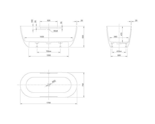 KNIEF Lotus Ванна отдельностоящая из материала Stone 170х75х63 см, с переливом и выпуском Click-Clack хром, без ручек, цвет:белый матовый. 0600-609-01