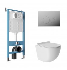 Комплект Aqueduto AQDS169T Унитаз подвесной Ovo безободковый, с микролифтом, смыв Tornado + Система инсталляции для унитазов Tecnica Novo + Кнопка смыва Circulo Novo хром
