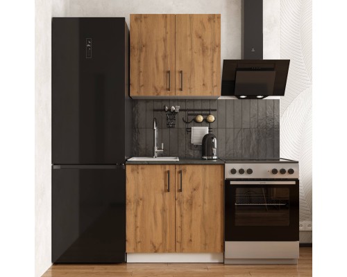 Кухонный гарнитур Domaci Болонья 140 см, фасад дуб вотан, ручка черная, столешница луна KUH-708118