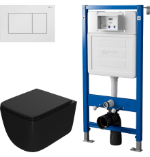 Комплект Унитаз подвесной Point Меркурий PN41831BM черный матовый, безободковый, с микролифтом + Инсталляция PN45122 с контейнером для гигиенических таблеток + Кнопка Ника PN44081W белая матовая