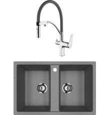 Комплект Мойка кухонная Ulgran U-608 -309 темно-серая + Смеситель Lemark Comfort LM3074C-Gray с гибким изливом, хром, серый