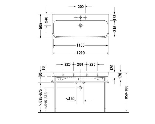 Duravit Happy D.2 Раковина 120x50.5 см, без отв., с переливом,  шлифованная, цвет: белый. 2318120028