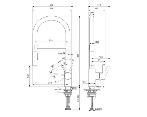 Ideal Standard Gusto Смеситель для кухни, на 1 отв., с высоким трубчатым вытяжным изливом R-типа, цвет: хром. BD417AA