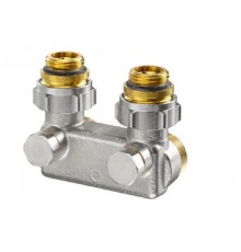 Узел перепускной, 1/2 НР х 3/4 НГ, угловой, с функцией отключения, межтрубное расстояние 50 мм, из латуни, никелированные для взаимного переключения подающей и обратной проводок