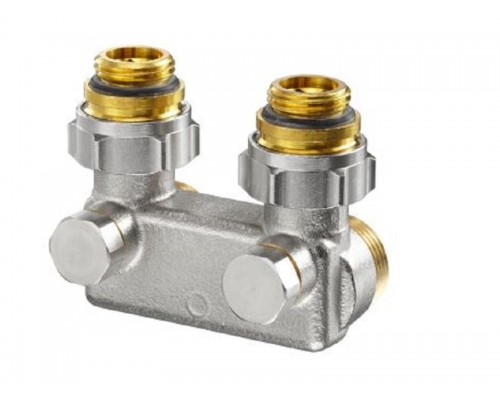 Узел перепускной, 1/2 НР х 3/4 НГ, угловой, с функцией отключения, межтрубное расстояние 50 мм, из латуни, никелированные для взаимного переключения подающей и обратной проводок