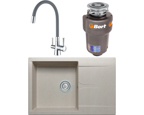 Комплект Мойка кухонная Polygran Gals 760 серая + Смеситель Lemark Comfort LM3075C-Gray с гибким изливом, хром, серый + Измельчитель Bort Titan Max Power FullControl