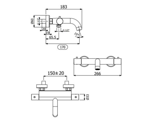 Carimali Rigoletto Смеситель для ванны, настенный, термостатический, 2 потока, латунные ручки, цвет: хром. 21605-CR