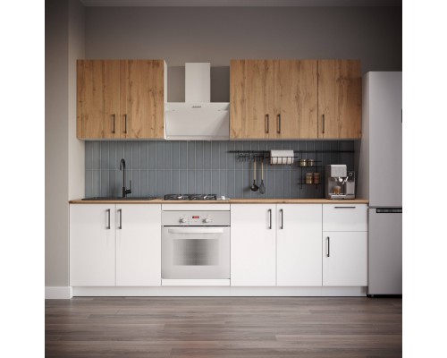 Кухонный гарнитур Domaci Болонья 260 см, фасад белый, дуб вотан, ручка черная, столешница дуб вотан KUH-1008787