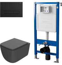 Комплект Унитаз подвесной Point Меркурий PN41831GM серый матовый, безободковый, с микролифтом + Инсталляция PN45122 с контейнером для гигиенических таблеток + Кнопка PN44831BM черная матовая
