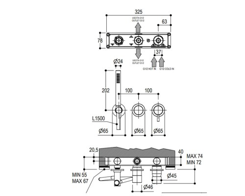 Ritmonio Diametro35 S Смеситель для ванны, встраиваемый, на 2-3 источника, цвет:  Brushed Black Chrome. PR52GG201BLX